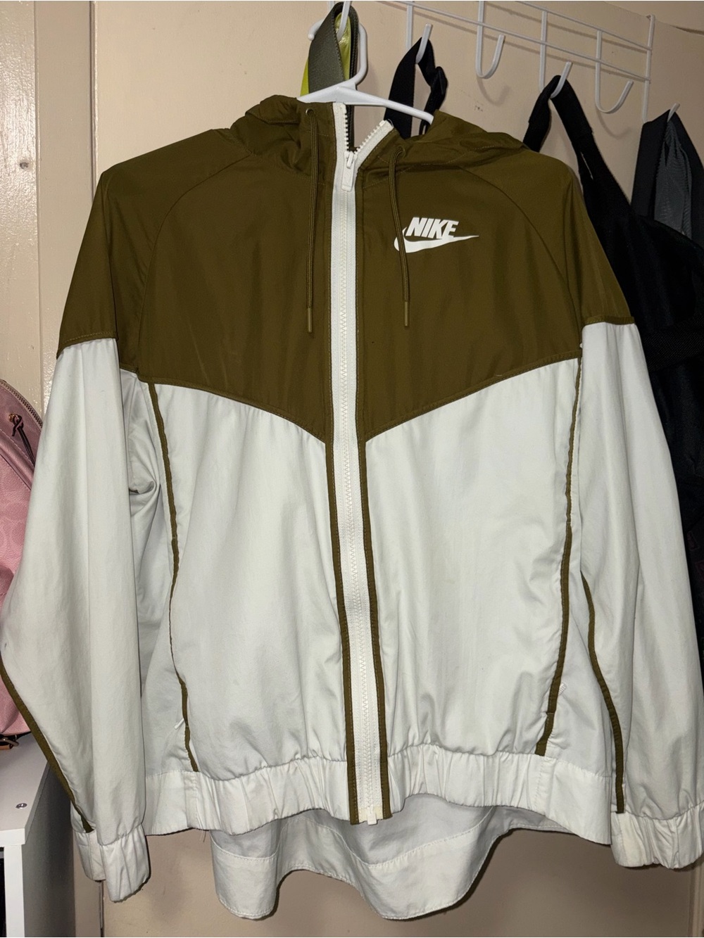 Nike Olive Green and White Hooded Windbreaker Jacket